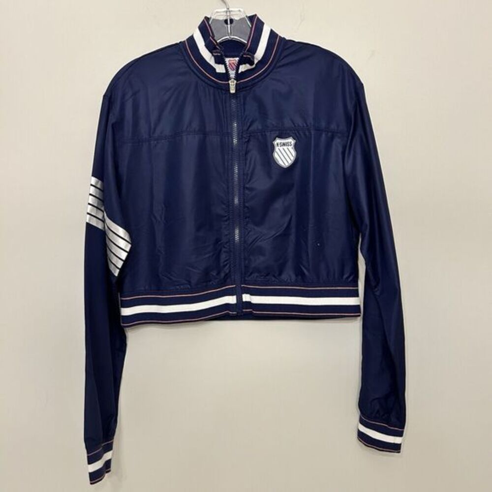 K Swiss Cropped full zip jacket Womens XS Blue Striped Windbreaker pockets